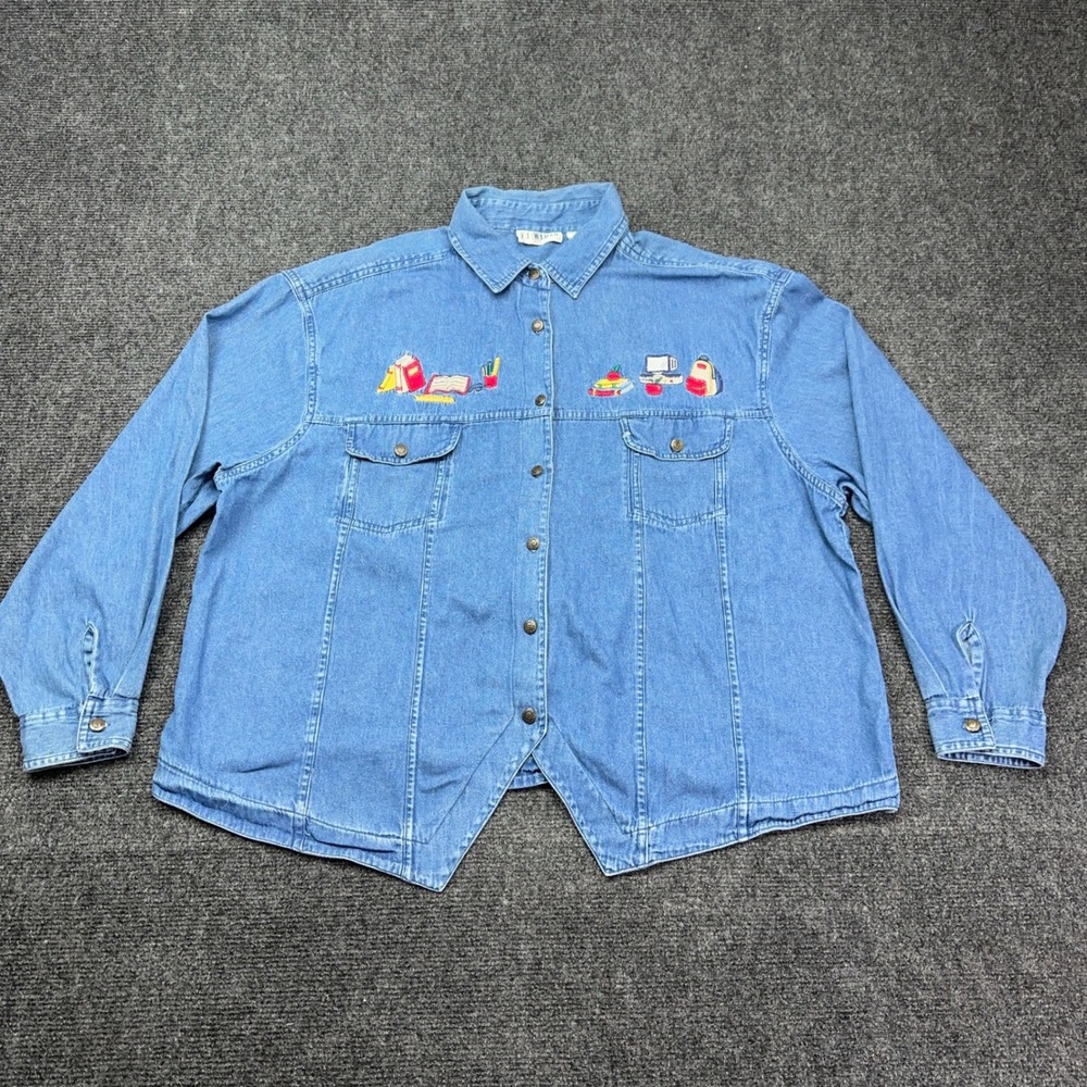 VJ Woman Denim Shirt 2X Blue Embroidered School Teacher Books Back Tie Cotton